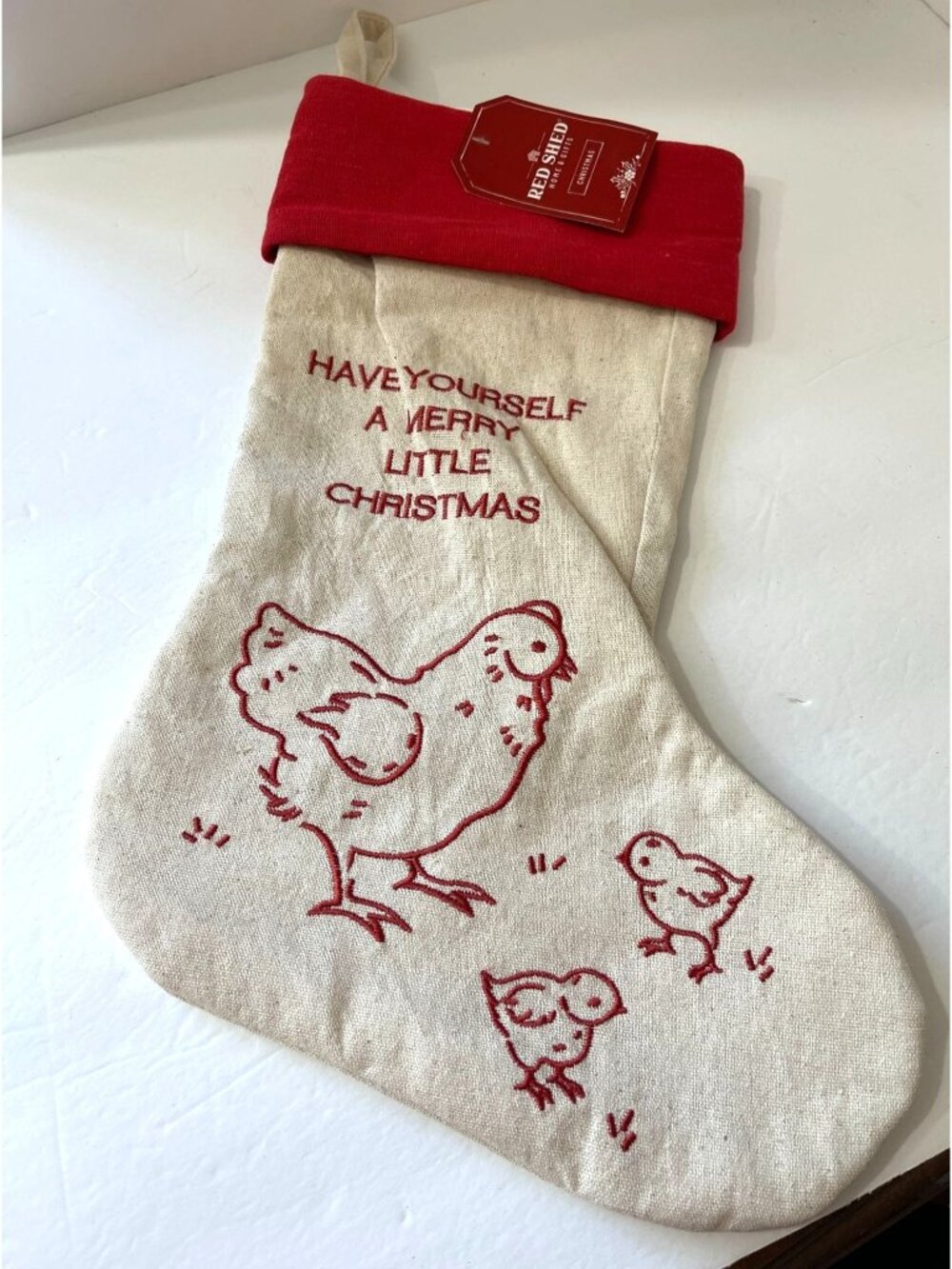 NWT Red Shed Christmas Canvas Embroidered Chickens Merry Christmas Stocking L